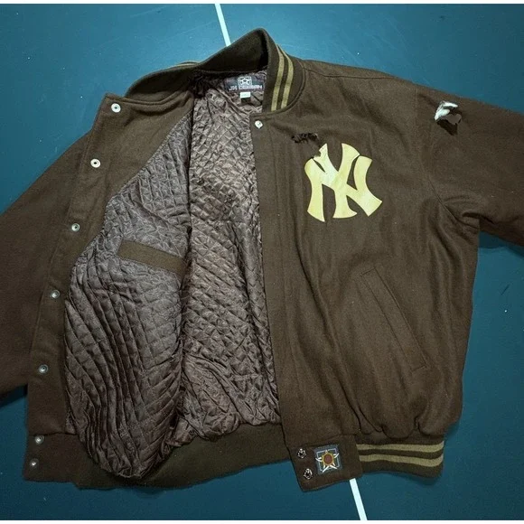 Vintage 90s Jeff Hamilton New York Yankees Wool Bomber Jacket Brown Large Flaws*